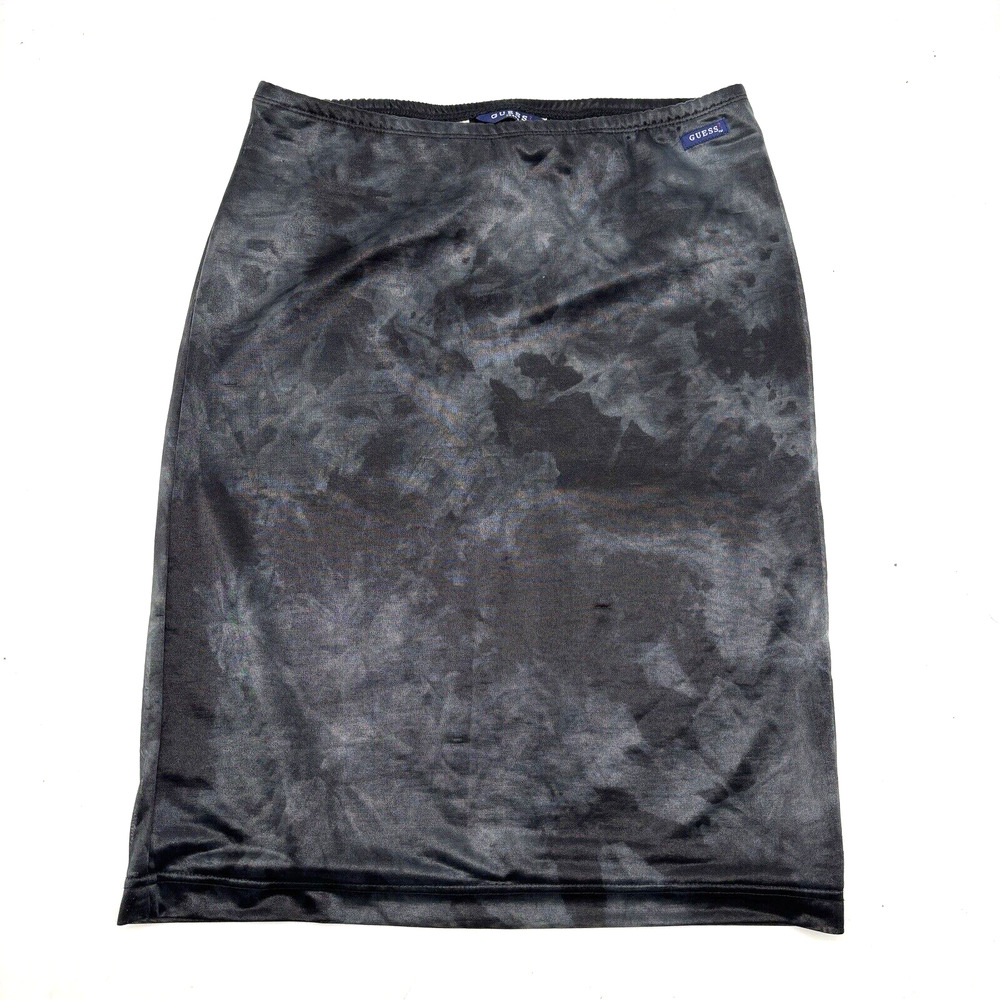 Vintage Guess USA Black Acid Wash Shimmer Mesh Sheer Pencil Skirt Small 26x21"